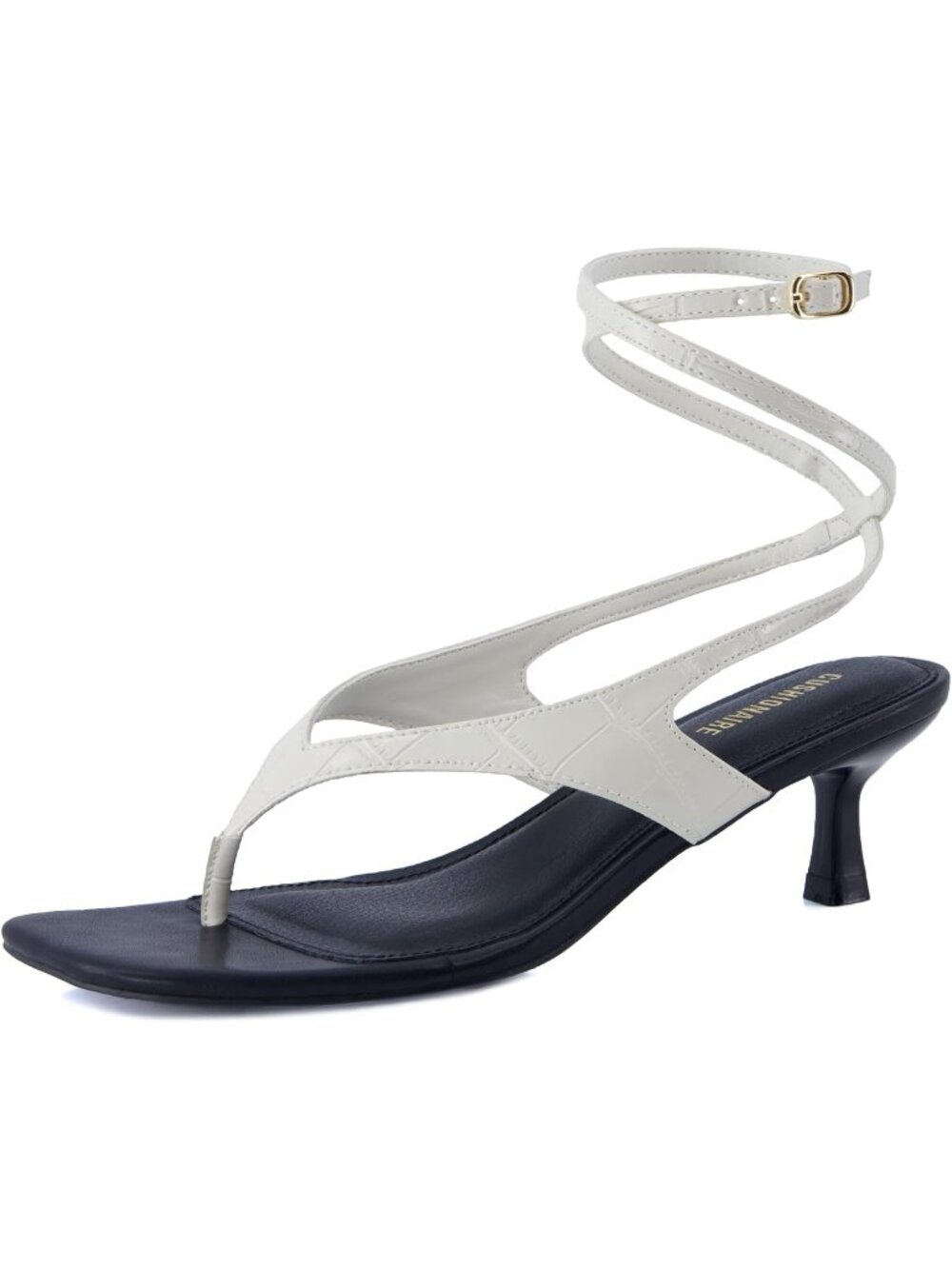 Women’s Ivory Ankle Wrap Heel Sandals Strappy Faux Leather Thong w/ Kitten Heels